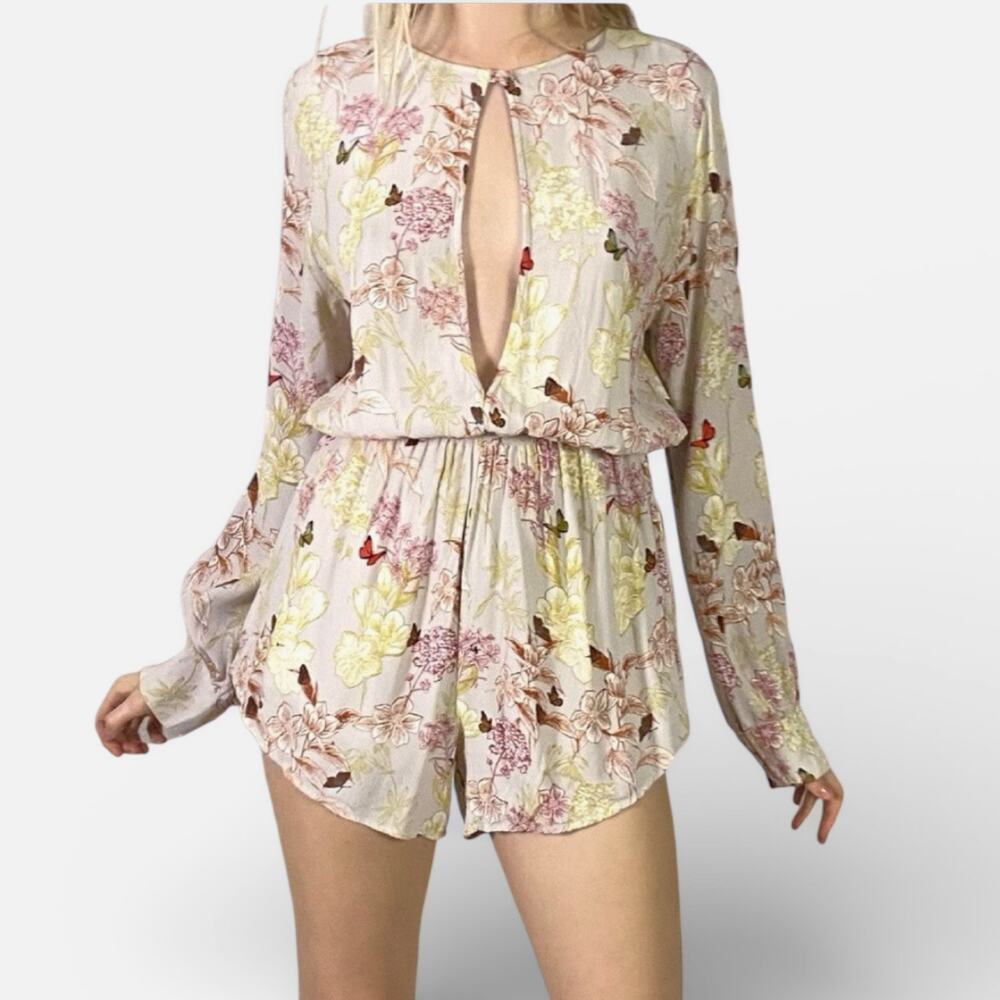 Y2K Floral Butterfly Fairy Festival Long Sleeve Keyhole Plunge Romper Sz Large